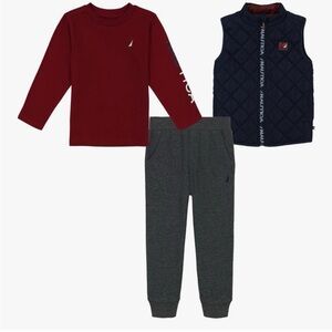 NWT Nautica Boys' Burgundy Shirt and Charcoal Pants with Navy Vest